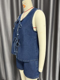 Sleeveless Tie Up Tops Denim Two Piece Shorts Set GXYK-1214