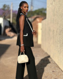 Sleeveless Patchwork Blazer Vest Two Piece Pant Set QHMD-3250