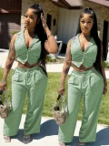 Solid Color Sleeveless Tie Up Tops Pants Suit QHMD-3091