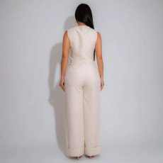 V Neck Sleeveless Vest Two Piece Pant Set QHMD-3252