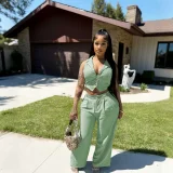 Solid Color Sleeveless Tie Up Tops Pants Suit QHMD-3091