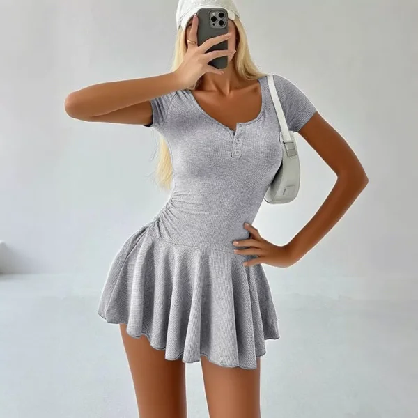 Short Sleeve Solid Color Ruffles Mini Dress QHMD-M682