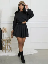 Long Sleeve Pullover And Pleated Skrits Solid Suit QHMD-3071