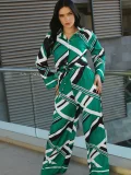Print Long Sleeve Tie Up Shirt Wide Leg Pants Suit QYMF-M3245