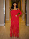 One Shoulder Tassel Long Sleeve Maxi Dress QYMF-3065