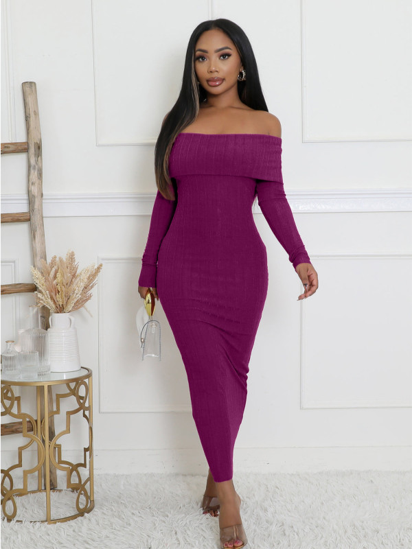 Off Shoulder Long Sleeve Bodycon Dress QHMD-3082