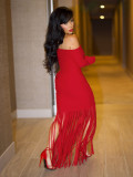 One Shoulder Tassel Long Sleeve Maxi Dress QYMF-3065