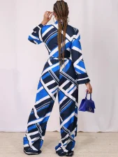 Print Long Sleeve Tie Up Shirt Wide Leg Pants Suit QHMD-M3245