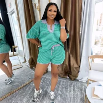 V Neck Stripe Knits Two Piece Shorts Set QHMD-3090