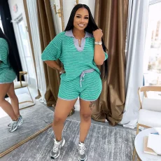 V Neck Stripe Knits Two Piece Shorts Set QHMD-3090