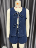 Sleeveless Tie Up Tops Denim Two Piece Shorts Set GXYK-1214