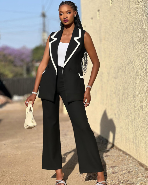 Sleeveless Patchwork Blazer Vest Two Piece Pant Set QHMD-3250