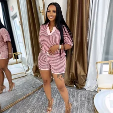 V Neck Stripe Knits Two Piece Shorts Set QHMD-3090