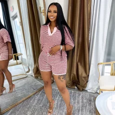V Neck Stripe Knits Two Piece Shorts Set QHMD-3090