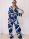 Print Long Sleeve Tie Up Shirt Wide Leg Pants Suit QYMF-M3245