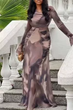 Print Long Sleeve Pleated Maxi Dress GYXF-9199