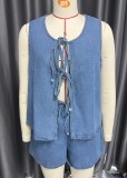 Sleeveless Tie Up Tops Denim Two Piece Shorts Set GXYK-1214