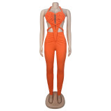 Backless Halterneck Solid Color Jumpsuit BY-7489