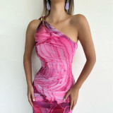 Slash Shoulder Print Slim Maxi Dress GFRT-32520DBY