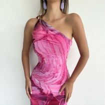 Slash Shoulder Print Slim Maxi Dress GFRT-32520DBY