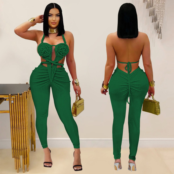 Backless Halterneck Solid Color Jumpsuit BY-7489