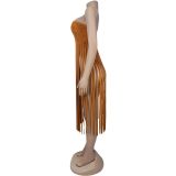 Sexy Wrap Chest Solid Color Tassel Dress BY-7436