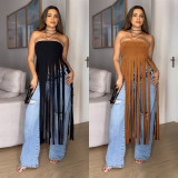 Sexy Wrap Chest Solid Color Tassel Dress BY-7436