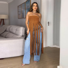 Sexy Wrap Chest Solid Color Tassel Dress BY-7436