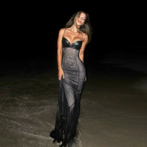 Mesh Patchwork Sleeveless Sling Maxi Dress GZJQ-K25D77737