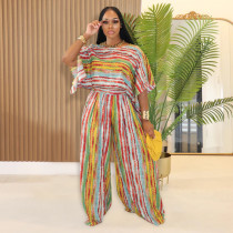 Colorful Stipe Top Loose Two Piece Pants Set BY-7467