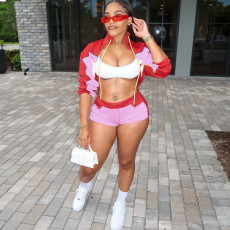Long Sleeve Color Block Sport Two Piece Shorts Set XEF-K25S74489