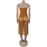 Sexy Wrap Chest Solid Color Tassel Dress BY-7436