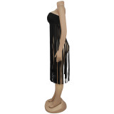 Sexy Wrap Chest Solid Color Tassel Dress BY-7436