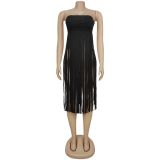 Sexy Wrap Chest Solid Color Tassel Dress BY-7436