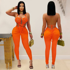 Backless Halterneck Solid Color Jumpsuit BY-7489