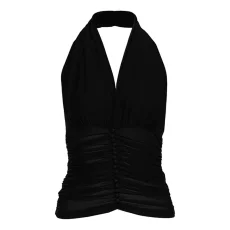Solid Color Halterneck Mesh Pleated Top XEF-K25L73438