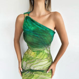 Slash Shoulder Print Slim Maxi Dress GFRT-32520DBY