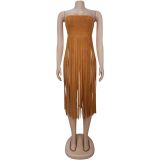 Sexy Wrap Chest Solid Color Tassel Dress BY-7436