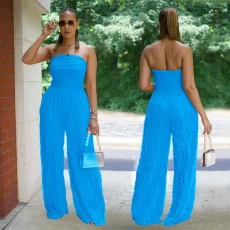 Solid Color Loose Wave Tube Top Jumpsuit BY-7465