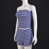 Stripe Color Block Wrap Chest Shorts Suit GNZD-51880