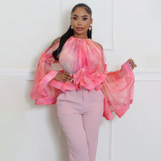 Off Shoulder Mesh Flare Sleeve Tops YF-20214