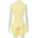 Lapel Sleeveless Ruffled Solid Romper MXBF-D25RP181
