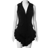 Lapel Sleeveless Ruffled Solid Romper MXBF-D25RP181