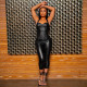 Solid Color V Neck Backless Tops Seventh Pants Suit MXBF-J25ST164