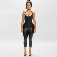 Solid Color V Neck Backless Tops Seventh Pants Suit MXBF-J25ST164