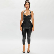Solid Color V Neck Backless Tops Seventh Pants Suit MXBF-J25ST164