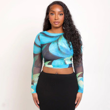 Long Sleeve Print Mesh Crop Tops MXBF-J25TP207