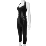 Solid Color V Neck Backless Tops Seventh Pants Suit MXBF-J25ST164