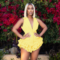 Lapel Sleeveless Ruffled Solid Romper MXBF-D25RP181