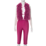 Furry Neck  Halterneck Backless Two Piece Pants Set  MXBF-D25ST247